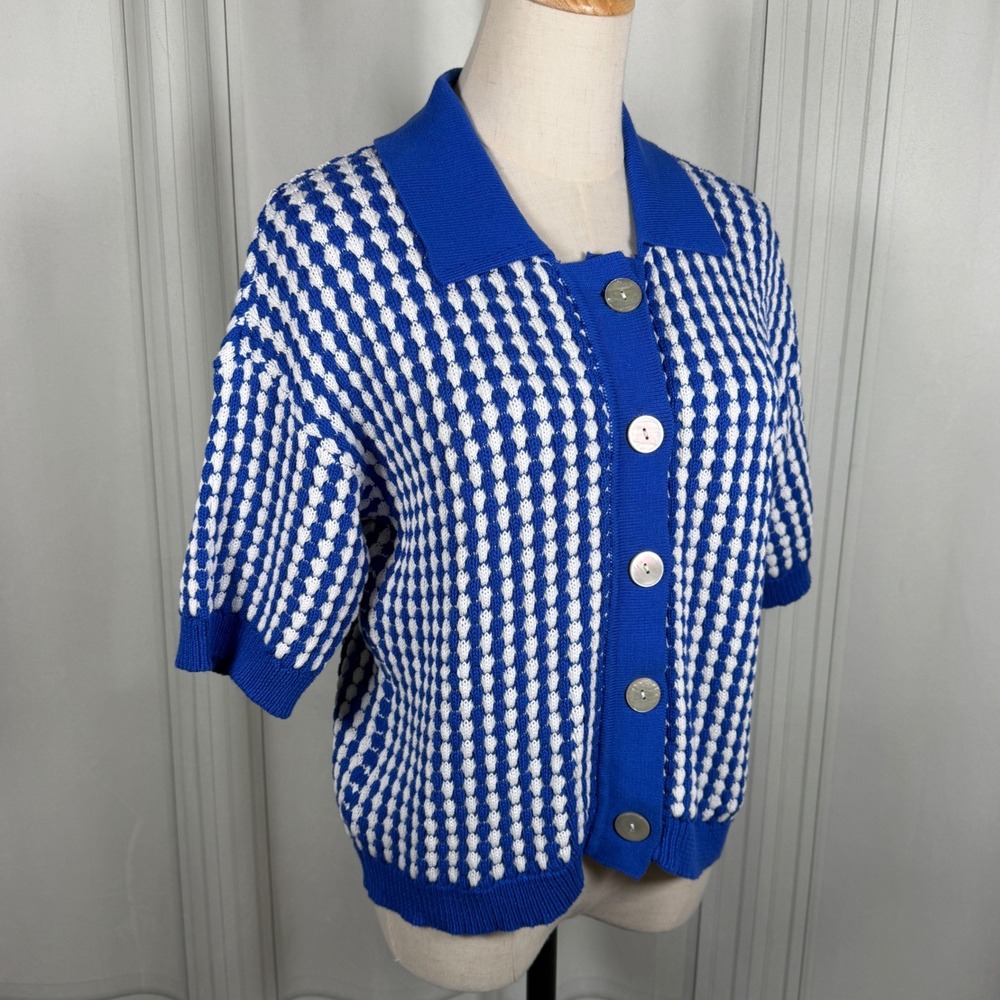 TRUTH by Republic NWT Medium Blue White Knit Collared Short Sleeve Cardigan